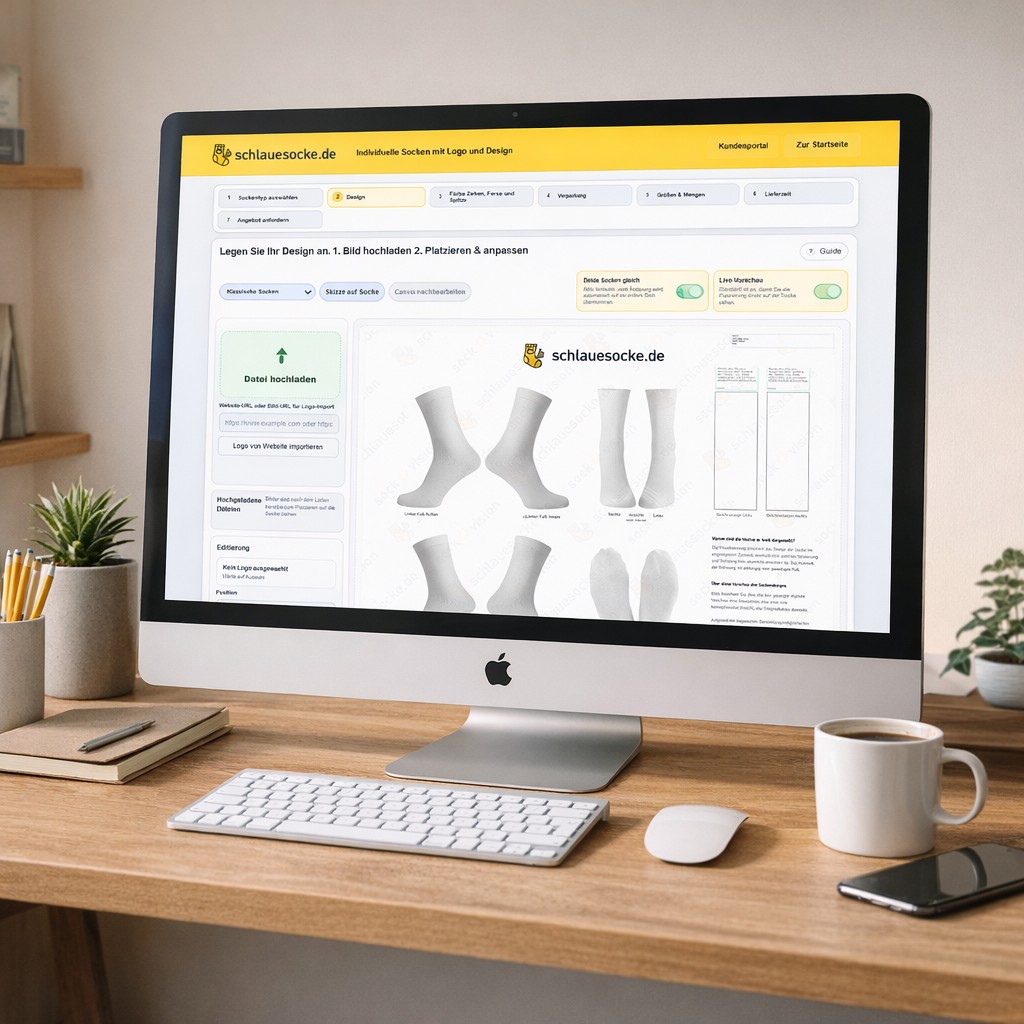 Sock Wizard – Laptop with the online app for sock design, next to custom socks