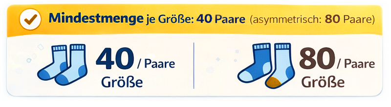 Mindestmenge je Größe: 40 Paare (asymmetrisch: 80 Paare je Größe).